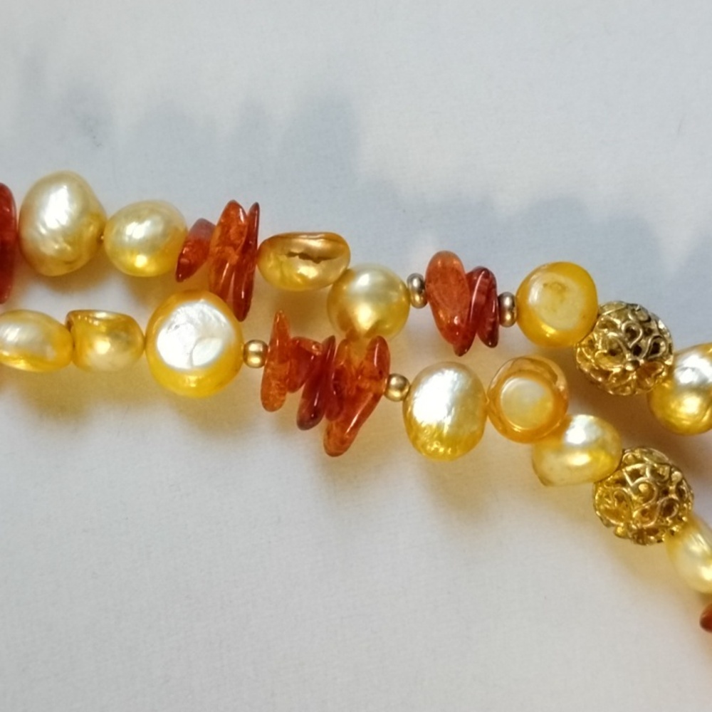 🎃Hand Crafted double strand Keshi Pearls And Amber Beaded Necklace🎃 - Picture 3 of 8